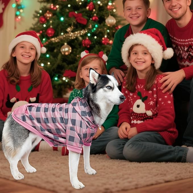 KOOLTAIL Plaid Dog Hoodie Pet Clothes Sweater with Hat and Pocket for Small Medium Large Size Dogs, Soft Winter Warm Dog Cold Weather Coat, Fleece Fall Dog Hooded Sweatshirt for Puppy Cats, Pink XL