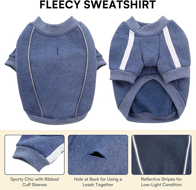 Queenmore Fleece Dog Sweater for Male Dogs, Soft Pullover Dog Sweatshirt with Leash Hole/Reflective Stripes – Cozy Winter Fleece Jacket for Small Medium Large Boy Puppy, Blue XS
