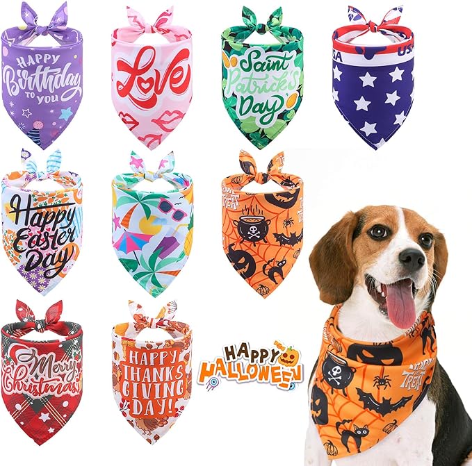 SCENEREAL Holiday Dog Bandanas 9 Pack,Halloween Christmas Thanksgiving Day Dog Bandanas Bulk Set for Party, Puppy Scarf Pet Costume Birthday Supplier for Small Medium Large Dogs Boy Girl
