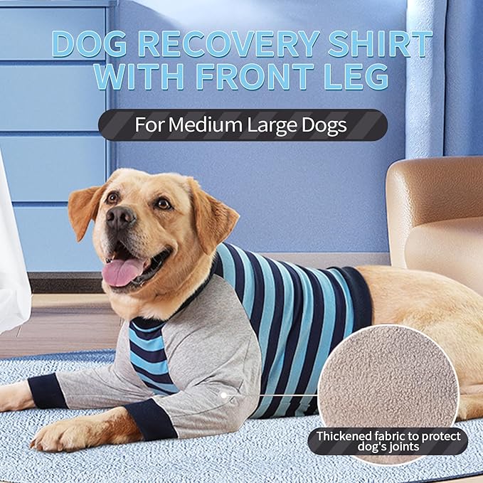 FUAMEY Dog Recovery Sleeve with Elbow Protector,Dogs Shirt Stop Licking Joints,Pet Long Sleeve Suit Protecting Dog's Front Leg Arm Wounds Cover Skin Conditions Blue Stripe L