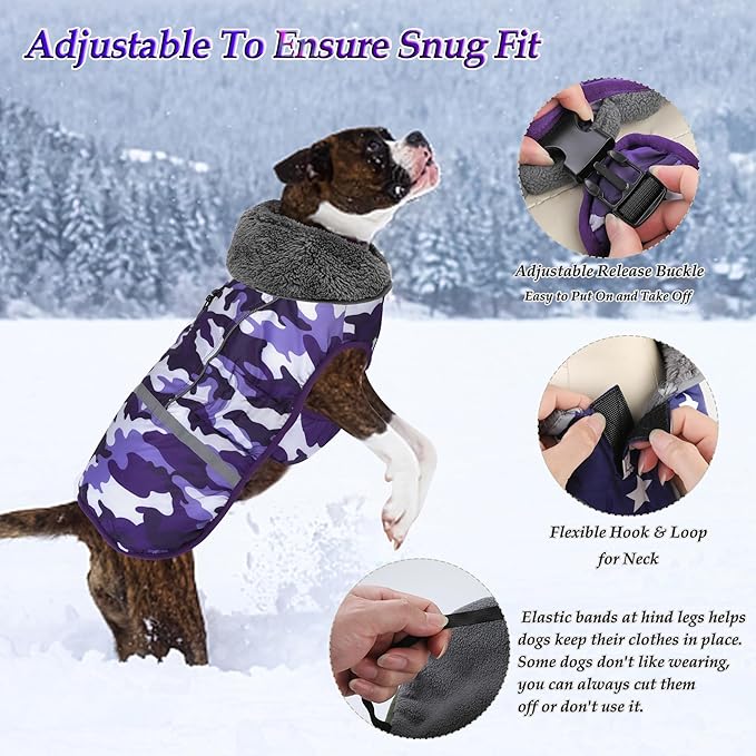 Dogcheer Warm Dog Coat, Waterproof Dog Jacket Christmas Puppy Winter Coat with Buckle, Reflective Adjustable Pet Snow Jacket Turtleneck Fleece Sweater for Small Medium Large Dogs - Camo Purple, 2XL