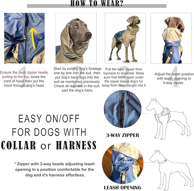 Dog Lightweight Windbreaker, Pet Outdoor Sports Jacket, 0.5 lbs,3 in One, Hooded, Easy on/Off with Collar and Harness, Reflective Piping, Packable, Dog Hiking/Camping, Navy Blue (Large)