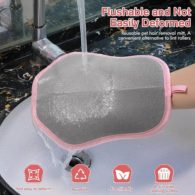 Pet Hair Removal Gloves for Cats & Dogs, 1 Pcs With Hanging Hooks, size 9.8 x 7.87 x 0.5 in, Reusable Electrostatic Pet Hair Gloves, Pet Hair Glove for Clothes, Sofas, Carpets, Car Seats (Pink)