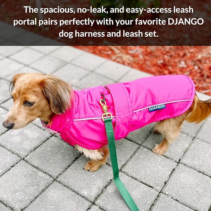 DJANGO Dog Jacket & Raincoat – Lightweight Water-Resistant Coat for Small, Medium & Long Dogs Like Dachshunds – Reflective, Adjustable Fit, Harness-Compatible & Easy-Access Harness Hole - Green, Small