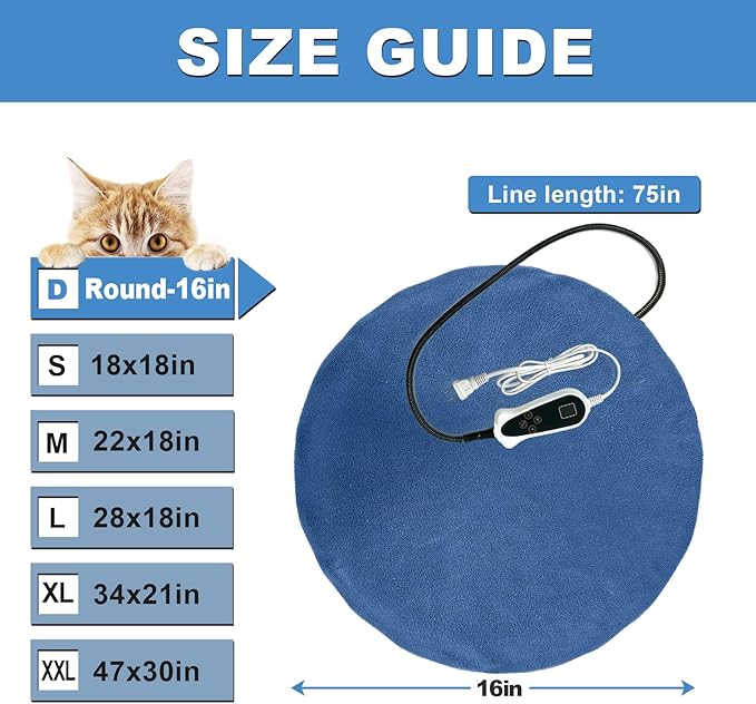 Bestio Cat Heating Pad，16 in Heated Cat Bed for Newborn Kittens and Puppies, with Smart Thermostat Switch (1-24 Hours) + Electric Steel Wire Protection Tube -Blue