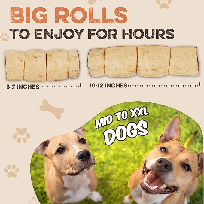 Premium Beef Cheek Rolls for Dogs 10-12" - (10-Pack), Peanut Butter Flavored Long Lasting, Safe & Natural Rawhide Alternative Chews, Ideal for Large Dogs & Aggressive Chewers, Supports Dental Health