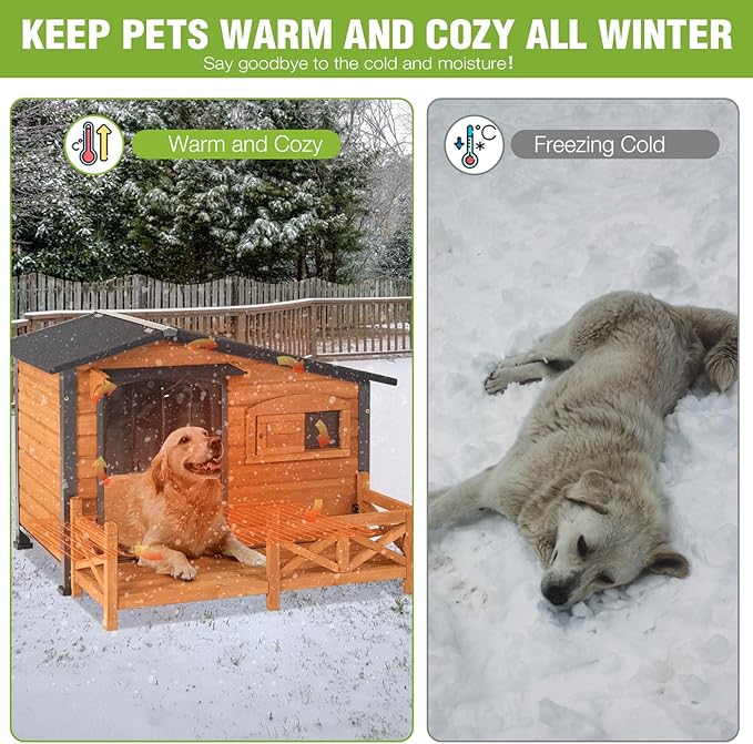 GUTINNEEN Large Heated Dog House Outdoor Dog Kennel Safe Winter Shelter with Thermostat-Controlled Heating Pad, Chew-Proof Metal Frame and 6-Sided Insulated Liner for Small to Large Dogs (Brown)