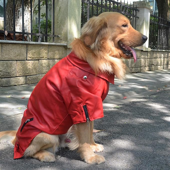 Lovelonglong Cool Dog Leather Jacket, Warm Coats Dogs Windproof Cold Weather Coats for Large Medium Small Dogs, Bichon Clothing Red XL