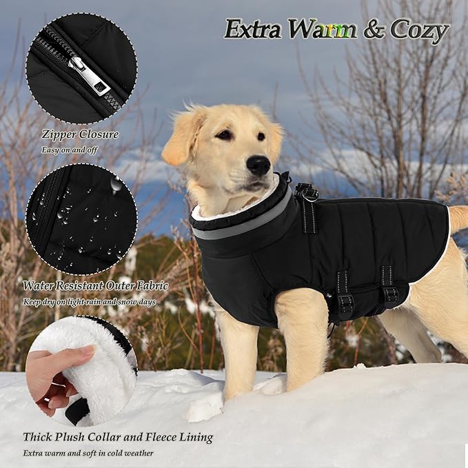 Dogcheer Dog Coat, Waterproof Dog Jacket with Harness, Reflective Adjustable Winter Coat with Zipper, Christmas Pet Snow Jacket Clothes for Small Medium Large Dogs - Black S