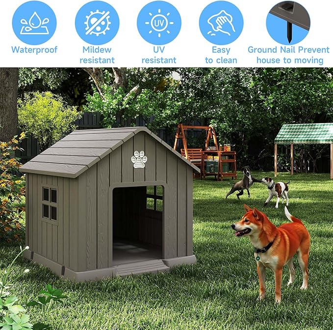 EasyUp Dog House Outdoor Indoor,Dog House Weatherproof Resin Shelter with Air Vents and Elevated Floor for Small Medium Large Dogs,Easy Clean and Assemble(31.18 * 33.7 * 32.52in,Coffee)