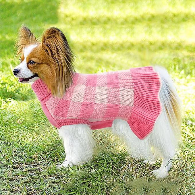 Dog Sweater Dress Plaid Knitwear for Small Medium Dogs Warm Puppy Pet Turtleneck Stretch Pullover Cute Fall Winter Vest Clothes with Leash Hole for Christmas (Pink, L)