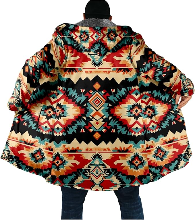 Mens Aztec Print Hoodie Heavyweight Cotton Fleece Jacket Zip Up Warm Long Sleeve Hooded Winter Midi Coat