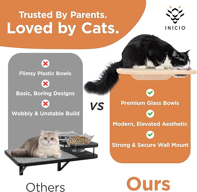 INICIO Cat Wall Shelves – Dog Proof Feeding Station with Wall Mounted Shelves, Durable 3 Step Birch Floating Shelf for Cats Up to 15lbs, Attached Cat Food Bowl for Convenient Feeding – Wood Brown