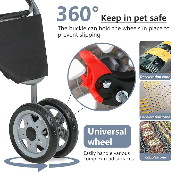 FDW Pet Stroller 3-Wheel Durable Foldable Cat Dog Stroller with Washable Liner Storage Basket Cup Holder,Black