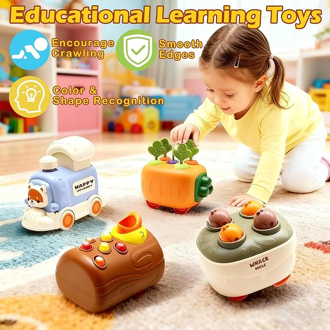 Press and Go Toddler Car Toys, Baby Push Car with Whack-A-Mole, Woodpecker Worm, Carrot Harvest Game, Train Toys for Toddlers 3-5, Racing Truck Toy, Kids Sensory Learning Birthday