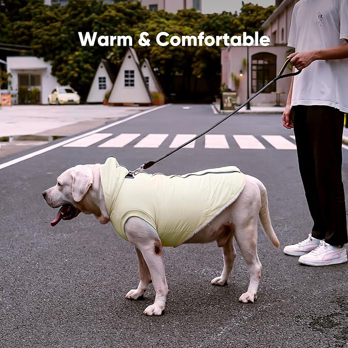 Fleece Lining Dog Hoodie with Harness Built in,Extra Warm Large Dog Jacket in Winter Doggie Coats with Hooded,Light Yellow XXXL