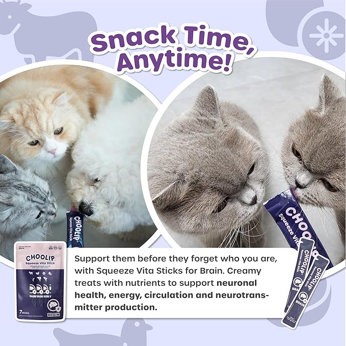 Choolip Squeeze Vita Stick Lickable Cat Treats & Dog Puree – 7-Count Brain Support Tubes, Creamy Grain-Free High-Protein Puree with DHA, Omega 3 & Vitamin B12 for Memory & Cognitive Health