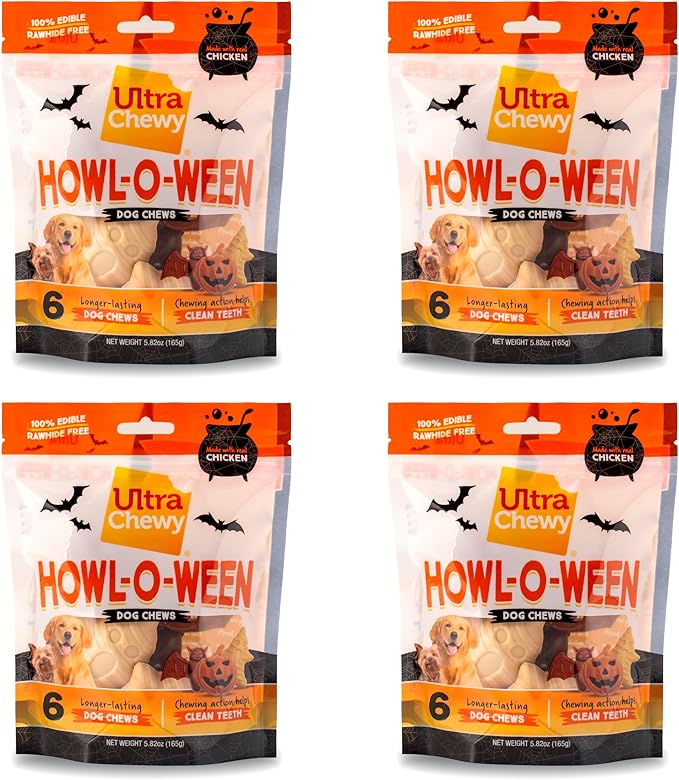 Ultra Chewy Halloween Treats - Trick or Treat Pack - Highly Digestible Fun Shapes Dental Treats for Your Dog - Made with Real Chicken (4 Packs)
