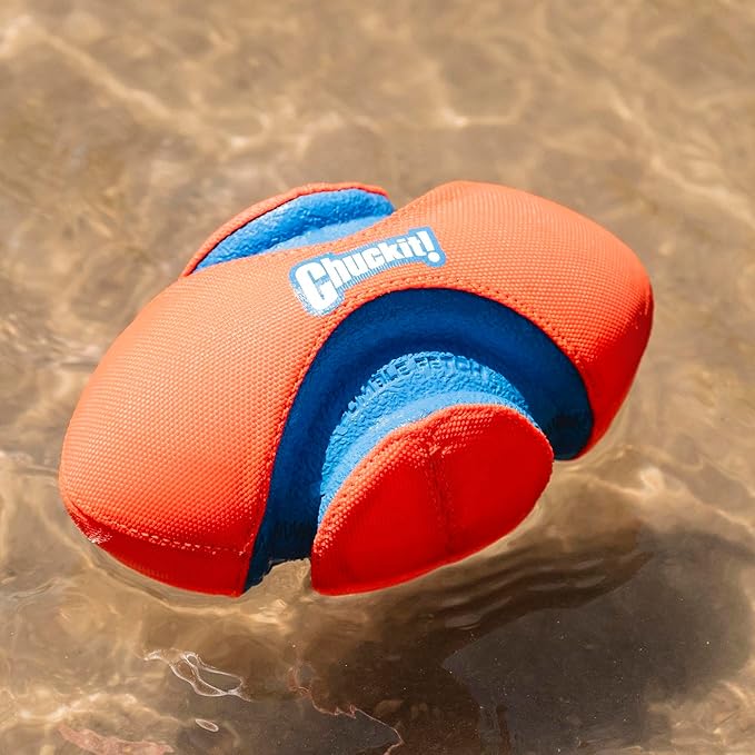 Chuckit! Fumble Fetch Dog Football - Outdoor and Indoor Interactive Dog Toy with Grooved Design for Easy Pickup - Made from Durable Rubber - Floats in Water - Small - Orange and Blue