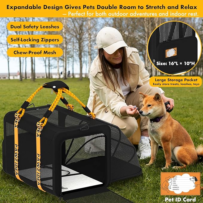 PAWZIDEA Large Pet Carrier Expandable, 24"×16"×16" Soft-Sided Cat Carrier for 2–4 Cats up 55lb, Portable & Collapsible Small Medium Dog Travel Crate for Car, XL Storage Pocket, ID Card, Shoulder Strap