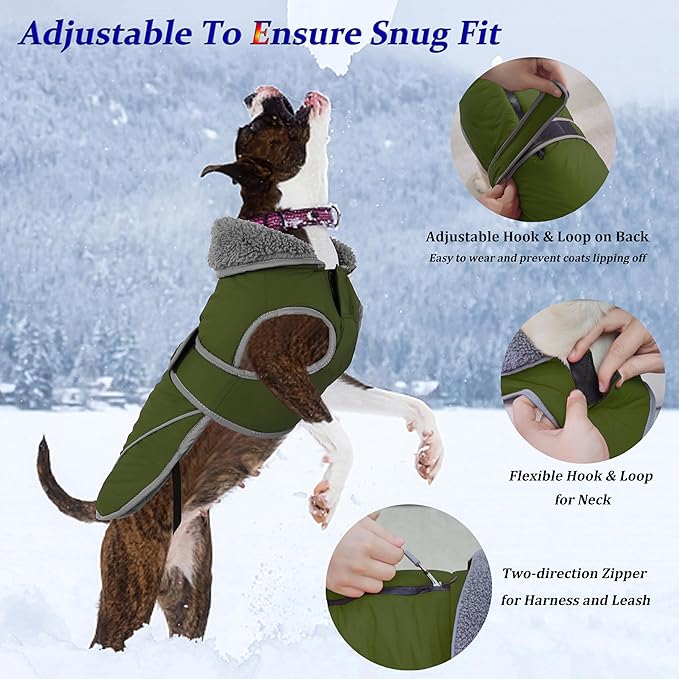 Dogcheer Dog Coat, Waterproof Dog Jacket Reflective Pet Winter Coat with Adjustable Hook & Loop, Christmas Puppy Fleece Jacket Warm Turtleneck Snowsuit for Small Medium Large Dogs - Green, L