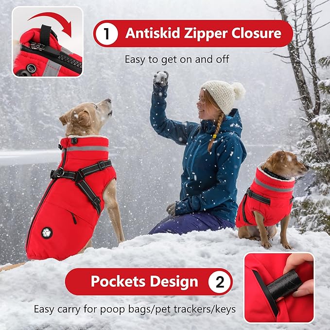 Dogcheer Dog Coat with Harness, Waterproof Dog Jacket, Christmas Puppy Winter Coat with Pocket, Reflective Doggy Turtleneck Puffer Vest for Small Medium Large Dogs - Red, L