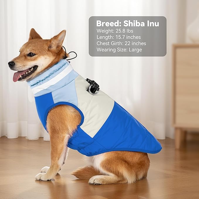 Dog Coat, Waterproof Dog Winter Jacket with Harness Built in, Turtleneck Warm Doggie Cold Weather Coats, Reflective Pet Vest for Indoor & Outdoor, Windproof Dogs Snowsuit, Blue Large