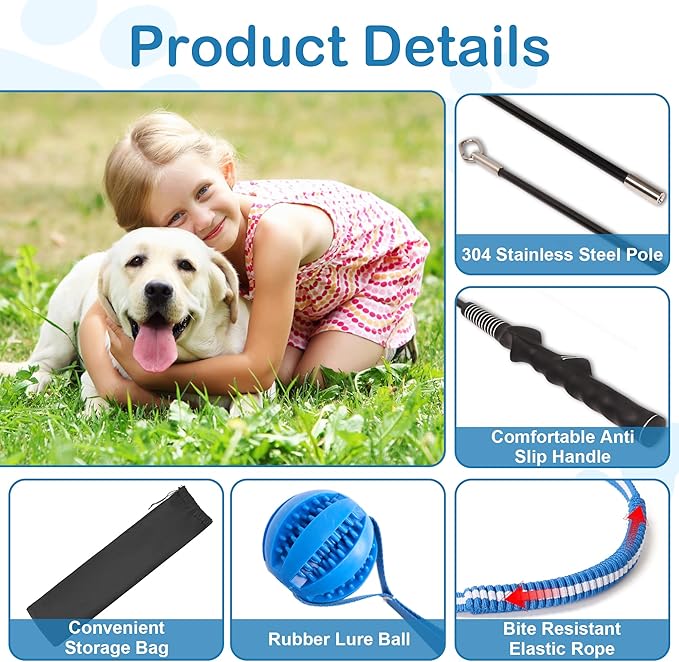 Flirt Pole for Dogs Interactive Dog Pole Toy for Large Medium Small Dogs, Dog Teaser Pole for Tug of War, Flirt Pole with Lure Ball (Standard&Extended Pole+Tensile Rope)