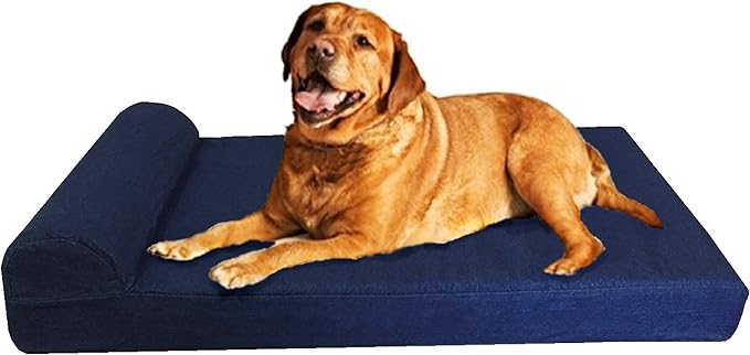 Dogbed4less Premium HeadRest Pillow Orthopedic Cool Memory Foam Dog Bed for Large Dogs, Waterproof Lining with Washable Denim Blue Cover, Extra Large 47X29