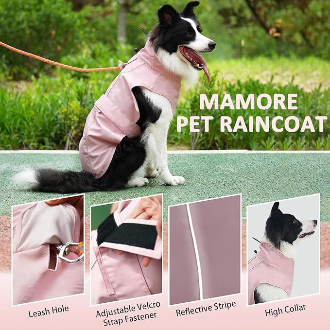 Waterproof Dog Raincoat, Adjustable Lightweight Dog Rain Jacket with Reflective Strip Leash Hole for Small Medium Large Dogs (Pink, 3X-Large(77-94lb))