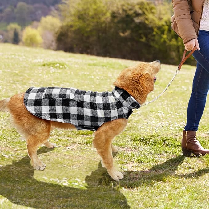 Malier Classic Plaid Fleece Dog Coat - Warm Winter Jacket with Pocket, Windproof for Small to Large Dogs (White, Large)