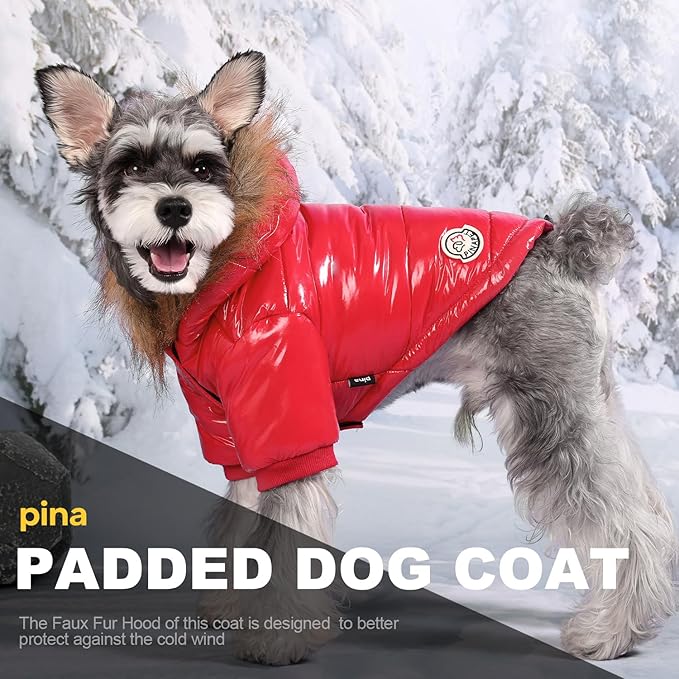 PINA Dog Winter Coat with Large Faux Fur Hood, Windproof and Warm, Suitable for Small to Large Dogs, Red, XL