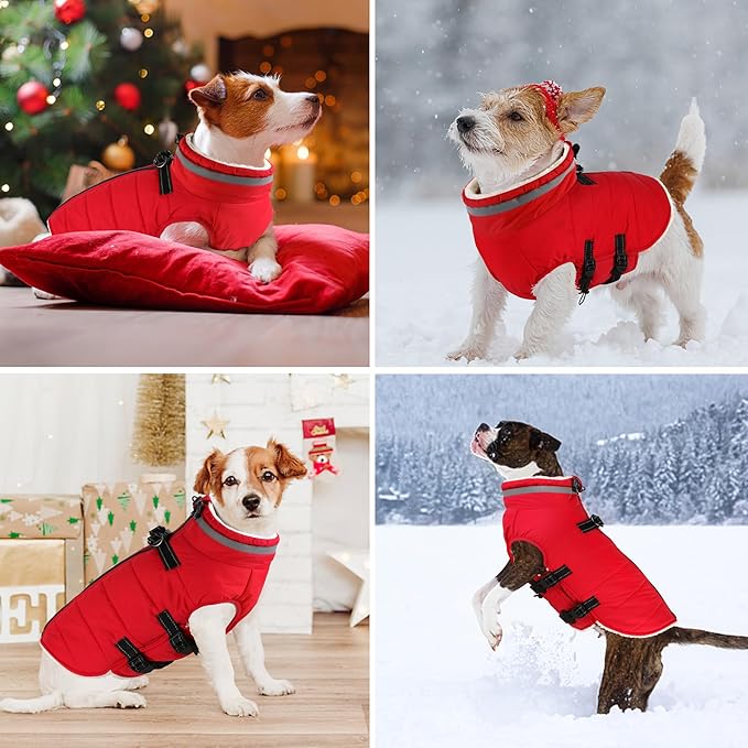 Dogcheer Dog Coat with Harness, Waterproof Dog Jacket Adjustable Pet Winter Coat with Zipper, Christmas Puppy Snow Jacket Fleece Sweater for Small Medium Large Dogs - Red M