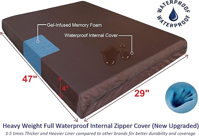Dogbed4less XL Orthopedic Cool Foam Dog Bed, Durable Washable Black Canvas Cover, Waterproof Liner, and Extra Brown Microsuede Antislip Case, 47"X29"X4", Fits 48X30 Crate.