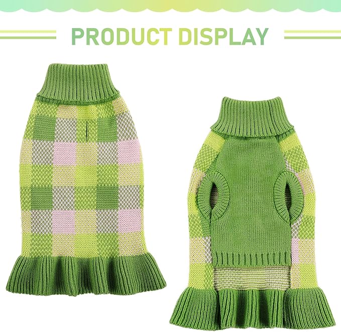 Dog Sweater Dress Plaid Knitwear for Small Medium Dogs Warm Puppy Pet Turtleneck Stretch Pullover Cute Fall Winter Vest Clothes with Leash Hole for Christmas (Green, XL)