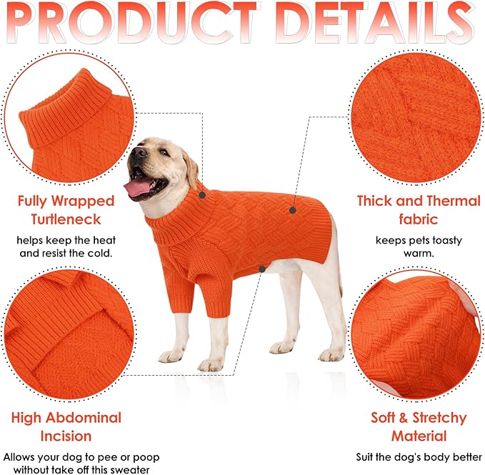 AOFITEE Dog Sweater, Warm Dog Sweaters for Large Dogs, Halloween Dogs Sweater, Turtleneck Girl Pet Sweaters, French Bulldog Sweatshirt, Knit Female Male Pet Knitwear for Winter Fall (Orange Large)