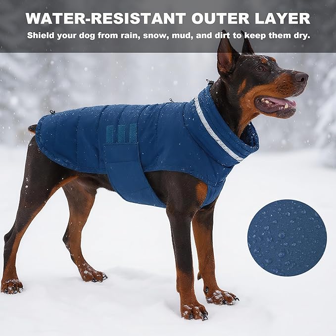 Dog Coat, Waterproof Winter Jacket, Warm Windproof Vest, Reflective Adjustable Turtleneck Coats for Large Dogs with Hook & Loop - Blue - XL