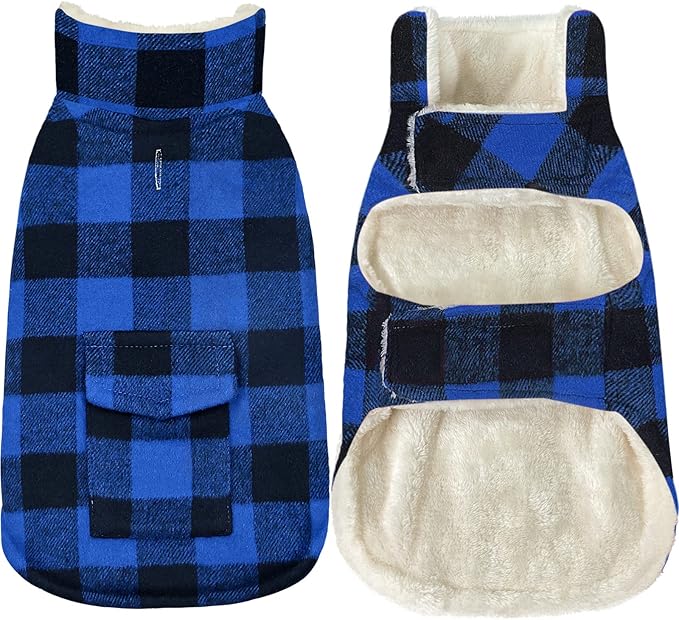 Malier Plaid Fleece Dog Coat Jacket with Pocket - Windproof Warm Winter Pet Apparel for Small, Medium, Large Dogs (Blue, Small)