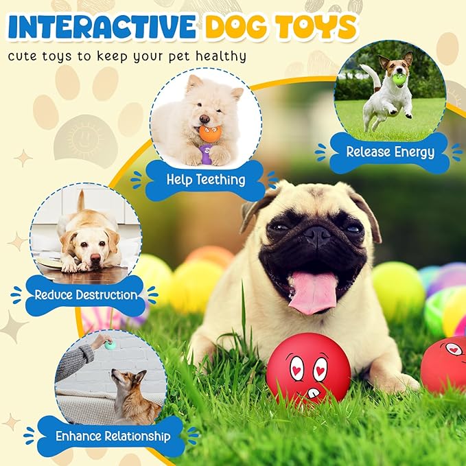 Hungdao 40 Pcs Bulk Dog Squeaky Toys Soft Rubber Latex Dog Toys Small Squeaky Balls Interactive Fetch Balls for Teething Small Pet Breeds Training(Funny Face)
