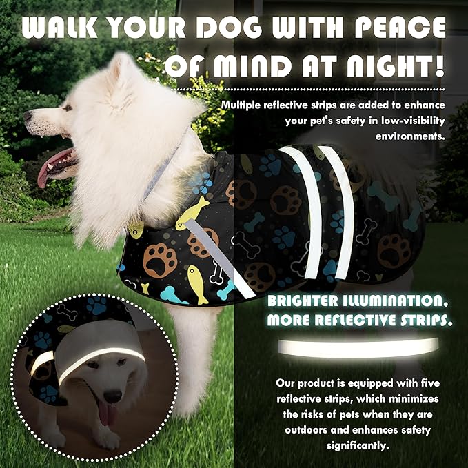 Dog Raincoat, Adjustable Rain Jacket with Hooded Double Layer for Large Medium Small Dogs Puppies, Lightweight Waterproof Rain Coat Poncho with Reflective Stripe Paw Print Black,L