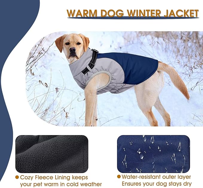 Dog Coat for Large Dogs,XXXL Waterproof Dog Jacket with Collar Built in,Reflective Winter Jacket with Fleece Lined Warm Cold Weather Coats for Extra Large Dogs,Pet Snow Jacket Suit,Blue,3XL