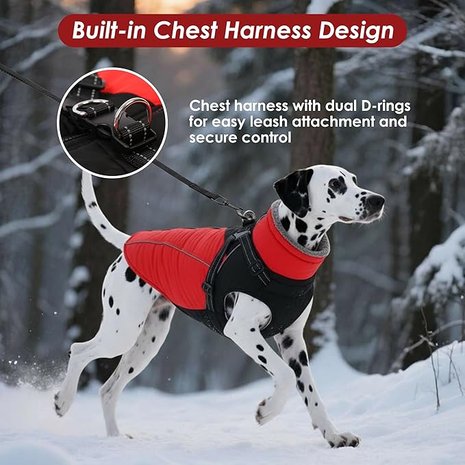 ASENKU Reflective Dog Coat with Built-in Harness, Windproof Fleece-Lined Dog Jacket for Small, Medium, Large Dogs, Warm Winter Vest with Turtleneck & Zipper (Red L)