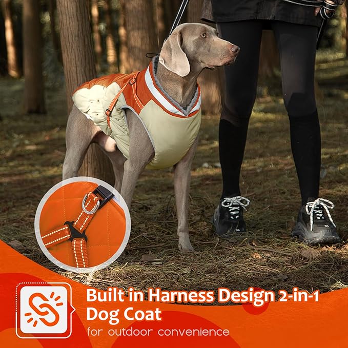 Dog Winter Coat with Harness, Dog Jacket, Pet Clothes with Zipper on Back, Waterproof Windproof Warm Vest, Reflective Cold Weather Coats, for Small Medium Large Dogs, Thick, Orange, M