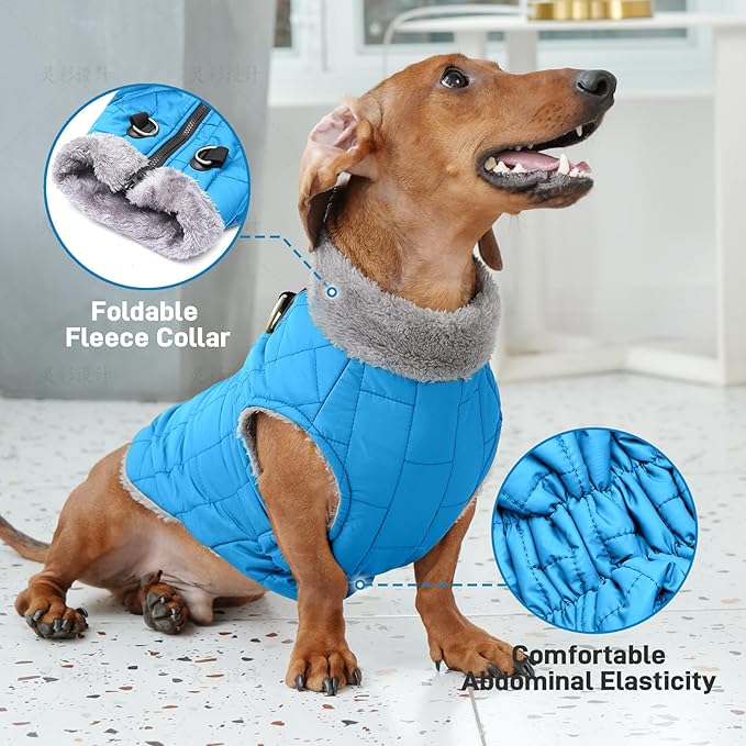Warm Fleece Dog Coats with Durable Harness Buitl in D-Ring,Waterproof Puppy Jacket for Small Dogs,Dog Vest for Cold Winter,Light Blue M