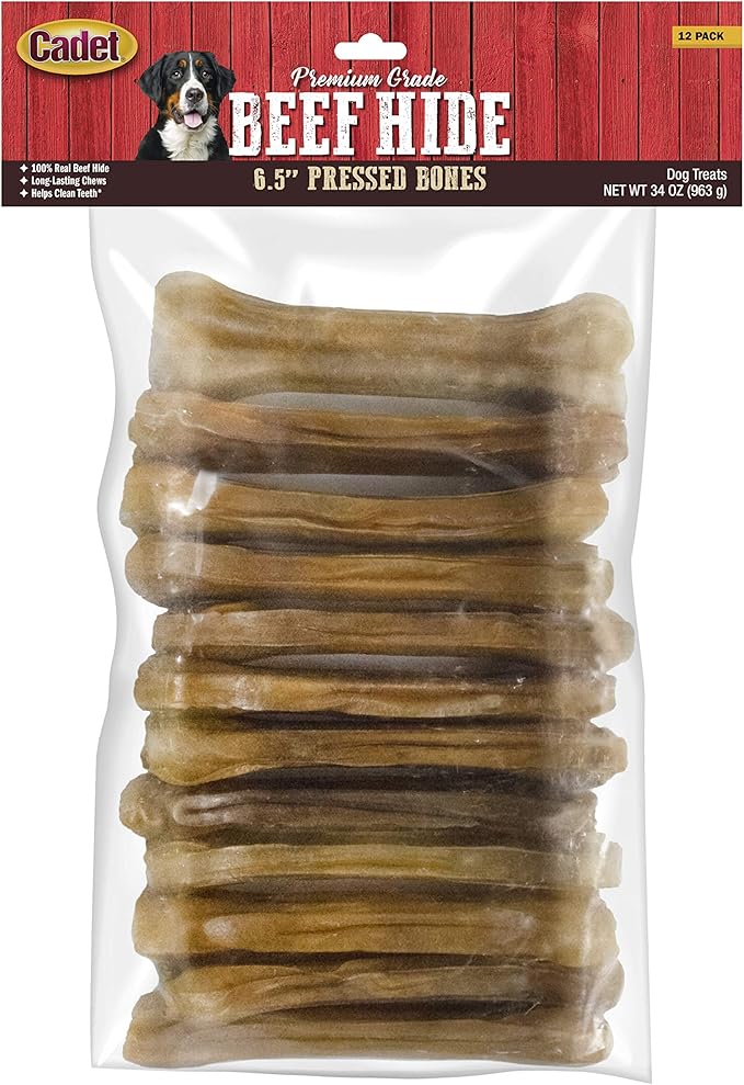 Cadet Premium Grade Pressed Beef Hide Bones, Long Lasting Rawhide Dog Chews, 6.5 Inch (12 Count)