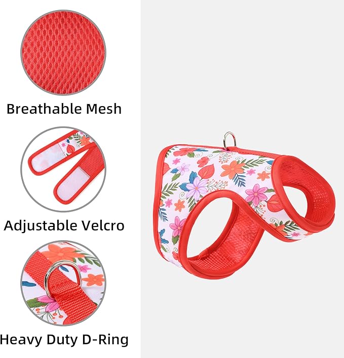 Mile High Life Dog Harness, Air Mesh Floral Vest Harness for 20 lbs Small Dogs & Cats, Easy Get on Adjustable Easy Closures Both Neck and Chest(Red Flower, XS Chest 14"-16")