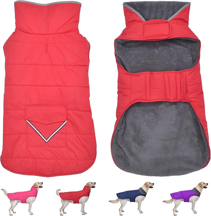 Dog Coat, Waterproof Dog Winter Jacket with Pocket, Reflective Adjustable Pet Snow Vest, Warm Cozy Fleece Sweater for Small Medium Extra Large Dogs - Red, XL
