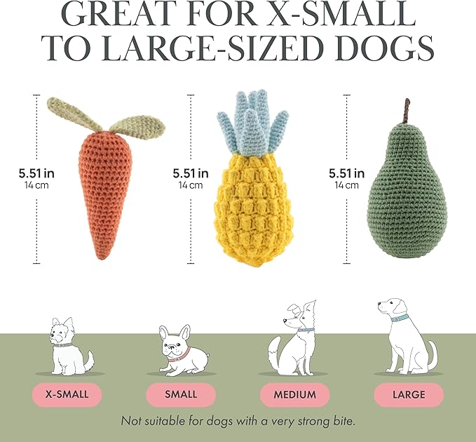 Nina Woof Organic Cotton Squeaky Dog Toys Fruits & Veggies Dog Toy Pack - Handmade Knit Dog Accessories, for Small Medium Dogs, Puppy Essentials and Puppy Toys Perfect Dog Gift