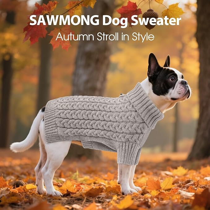 SAWMONG Dog Sweater, Dog Sweaters for Small Dogs Girls Boys, Pullover Turtleneck Knitted Doggy Sweatshirt, Cold Weather Pet Clothes（Grey, Small