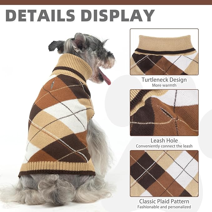 KOOLTAIL Dog Sweater Pet Knitted Clothes - Classic Plaid Pullover Turtleneck Thick Warm Fall Dog Sweaters with Leash Hole, Soft Dog Winter Clothes for Small Medium Large Dogs Cats Puppy Girls Boys,SM